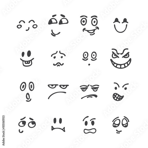 Set of hand drawn funny faces. Happy faces. Sketched facial expr