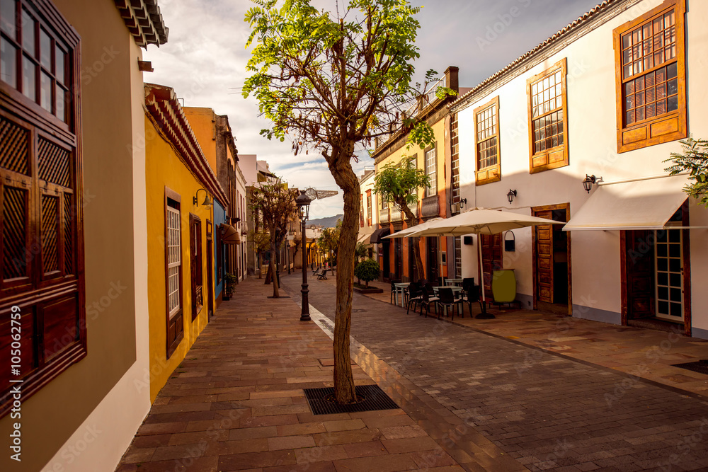 Street view with colorful buildings in the centre of Los Llanos city on La Palma island in Spain 