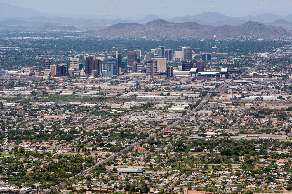 Aerial view of downtown Phoenix skyline and 7th street during mid-day.