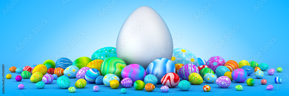 Pile of colorful Easter eggs surrounding a giant white egg