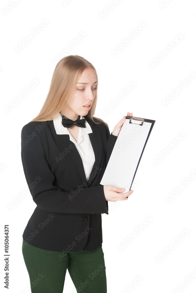 Beautiful young business woman holding a blank clipboard (isolat Beautiful young business woman holding a blank clipboard (isolat