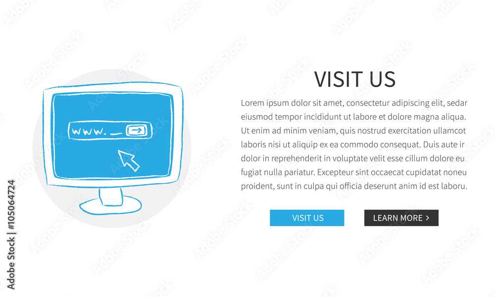 Vector web page Visit Us template with hand-drawn computer. Design concept illustration with white background. Vector web page Visit Us template with hand-drawn computer. Design concept illustration with white background.