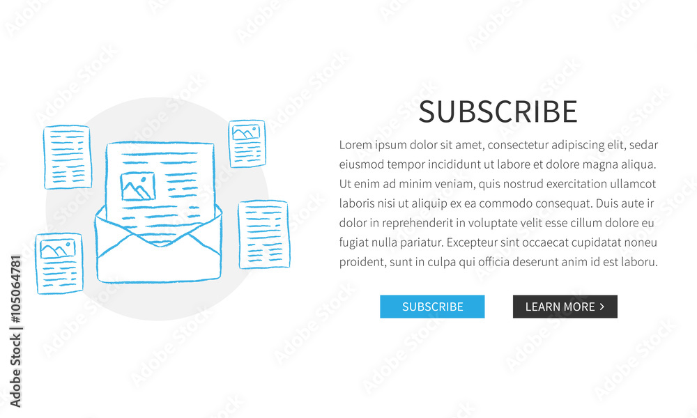Vector web page Subscribe template with hand-drawn newsletters. Design concept illustration with white background. Vector web page Subscribe template with hand-drawn newsletters. Design concept illustration with white background.