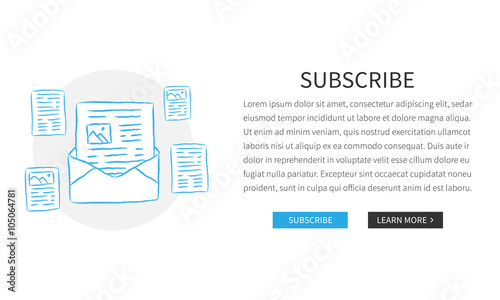 Vector web page Subscribe template with hand-drawn newsletters. Design concept illustration with white background.