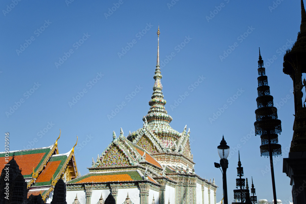 Thai Architecture at Wat Phra Kaew, with ceramic roof, Grand Palace, Bangkok, Thailand