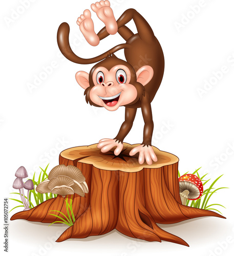 Photography Cartoon happy monkey dancing on tree stump