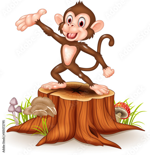 Canvas Print Cartoon Happy monkey presenting on tree stump