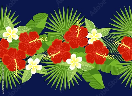 seamless strip of tropical flowers and leaves. decorative strip of flowers of hibiscus and plumeria, palm leaf, monstera. Floral pattern. plumeria and hibiscus.
