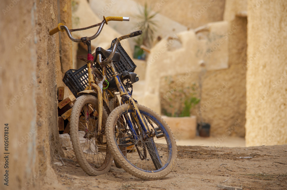 The ruins of ancient African Berber city fortress, bicycle, Egyp The ruins of ancient African Berber city fortress, bicycle, Egyp