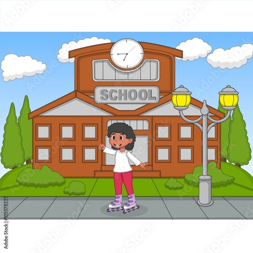 Children playing roller skate at the school cartoon
