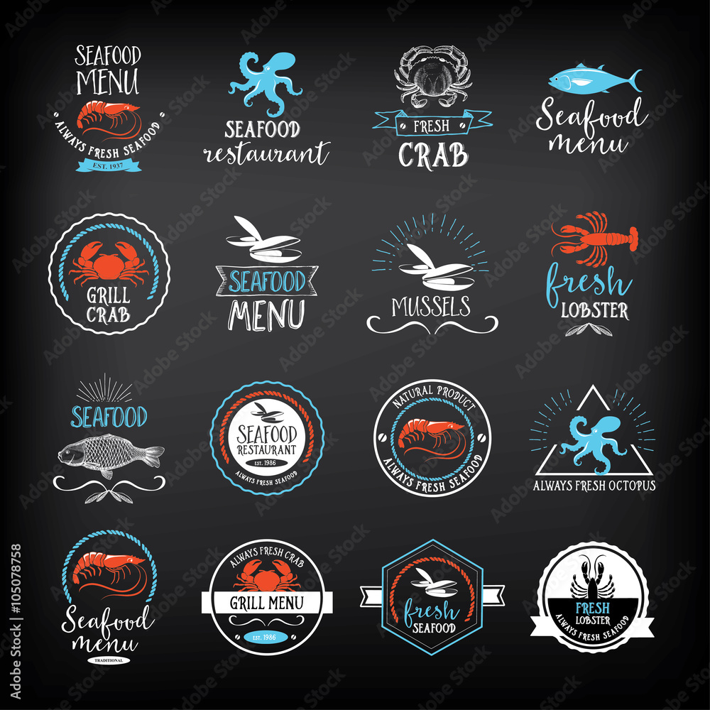 Seafood menu and badges design elements.