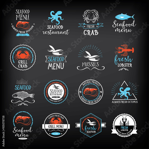 Seafood menu and badges design elements.