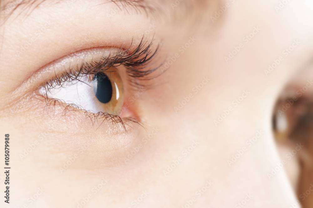 Obraz premium young female hazel eye with contact lens, macro photo
