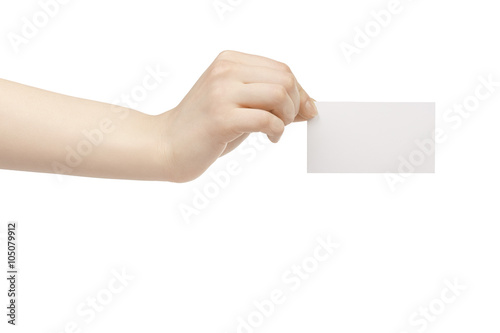 young female hand hold blank white paper card, isolated on white