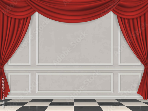 Wall decorated moulding panels, checkered floor and red curtain. Vector interior background.