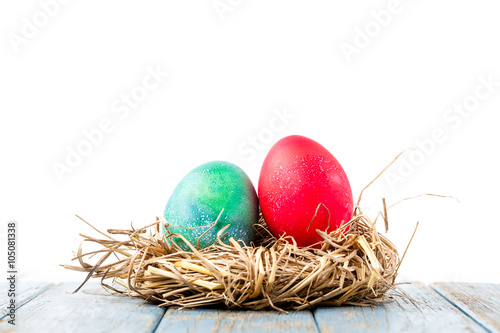 grönt och rött ägg i ett fågelbo