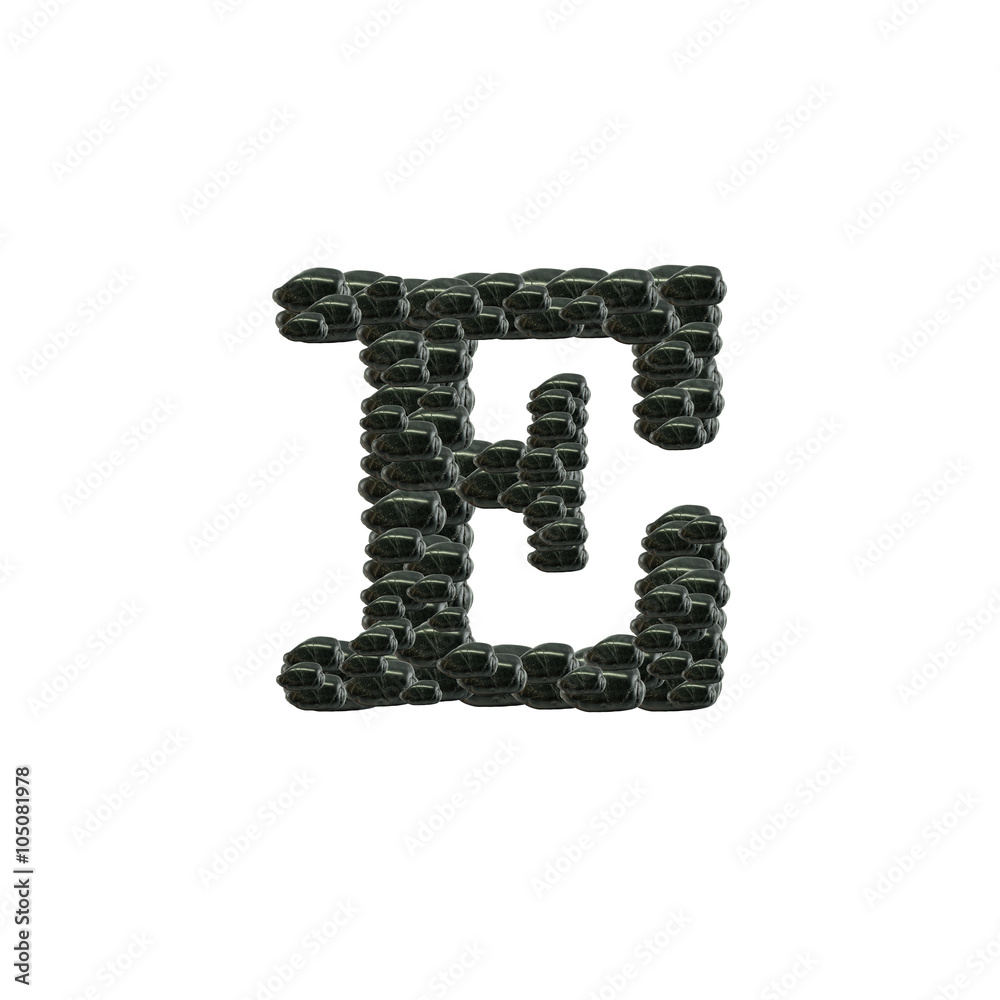 Closeup pile of black stone in E english alphabet isolated on white background Closeup pile of black stone in E english alphabet isolated on white background