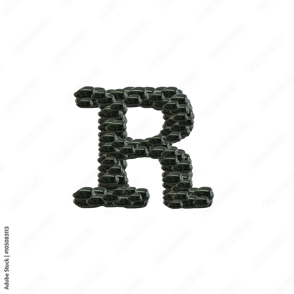 Closeup pile of black stone in R english alphabet isolated on white background