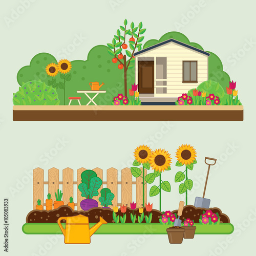 Gardening set. Vector illustrations with rural landscape, flowers, garden, cottage and garden tools