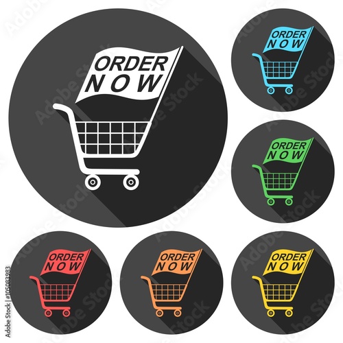 Order Now Flag Shopping Cart icons set with long shadow