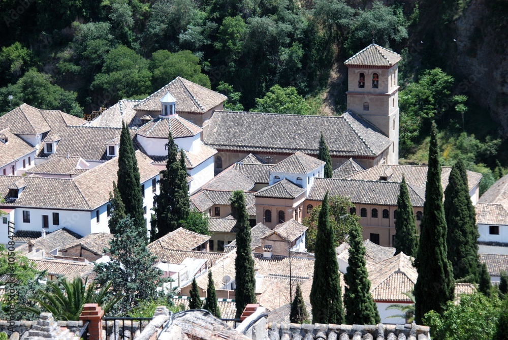 San Pedro church and city rooftops, Granada.