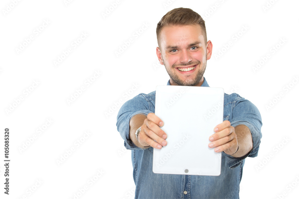 Young man showing something on his tablet, isolated