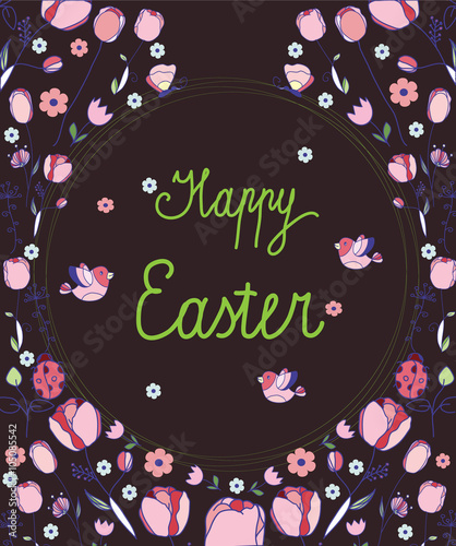  floral background with Tulip print flowers and branches with birds butterflies and the caption happy Easter on a brown background , congratulations with the Resurrection of Jesus Christ