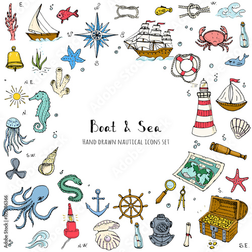 Hand drawn doodle Boat and Sea set Vector illustration boat icons sea life concept elements Ship symbols collection Marine life Nautical design Underwater life Sea animals Sea map Spyglass Magnifier