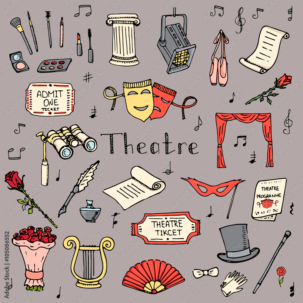Fototapeta premium Hand drawn doodle Theater set Vector illustration Sketchy theater icons Theatre acting performance elements Ticket Masks Lyra Flowers Curtain stage Musical notes Pointe shoes Make-up artist tools