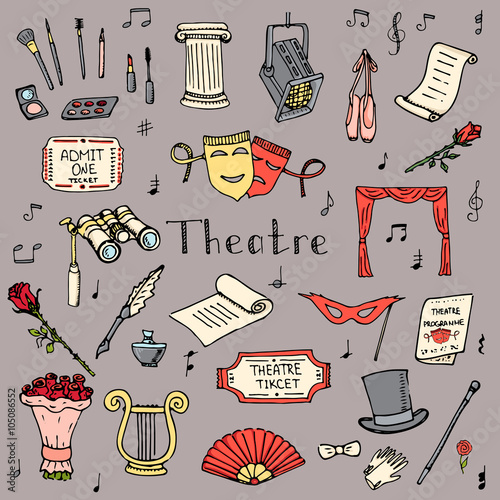 Hand drawn doodle Theater set Vector illustration Sketchy theater icons  Theatre acting performance elements Ticket Masks Lyra Flowers Curtain stage Musical notes Pointe shoes Make-up artist tools