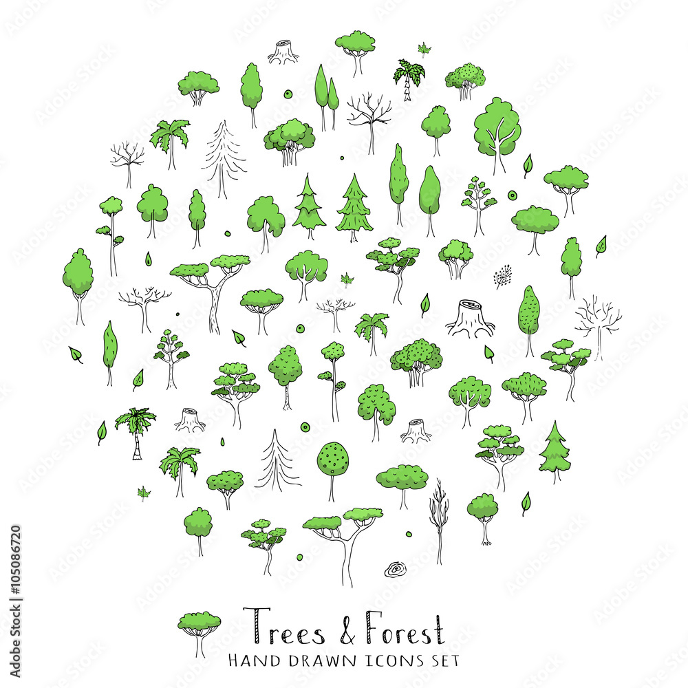 Hand drawn doodle Trees and Forest set Vector illustration tree icons ...