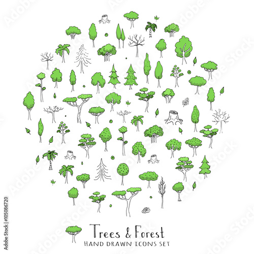Hand drawn doodle Trees and Forest set Vector illustration tree icons Forest concept elements Tree isolated silhouette symbols collection Nature Forest clipart design Leaf Fir Ever green Branch Stump