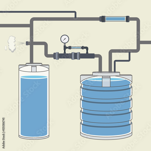 Scheme with water tank and pipes. Vector