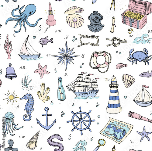 Seamless background hand drawn doodle Boat and Sea icons set Vector illustration Sea life elements Ship symbols collection Marine life Nautical design Underwater Sea animals Sea map Spyglass Magnifier
