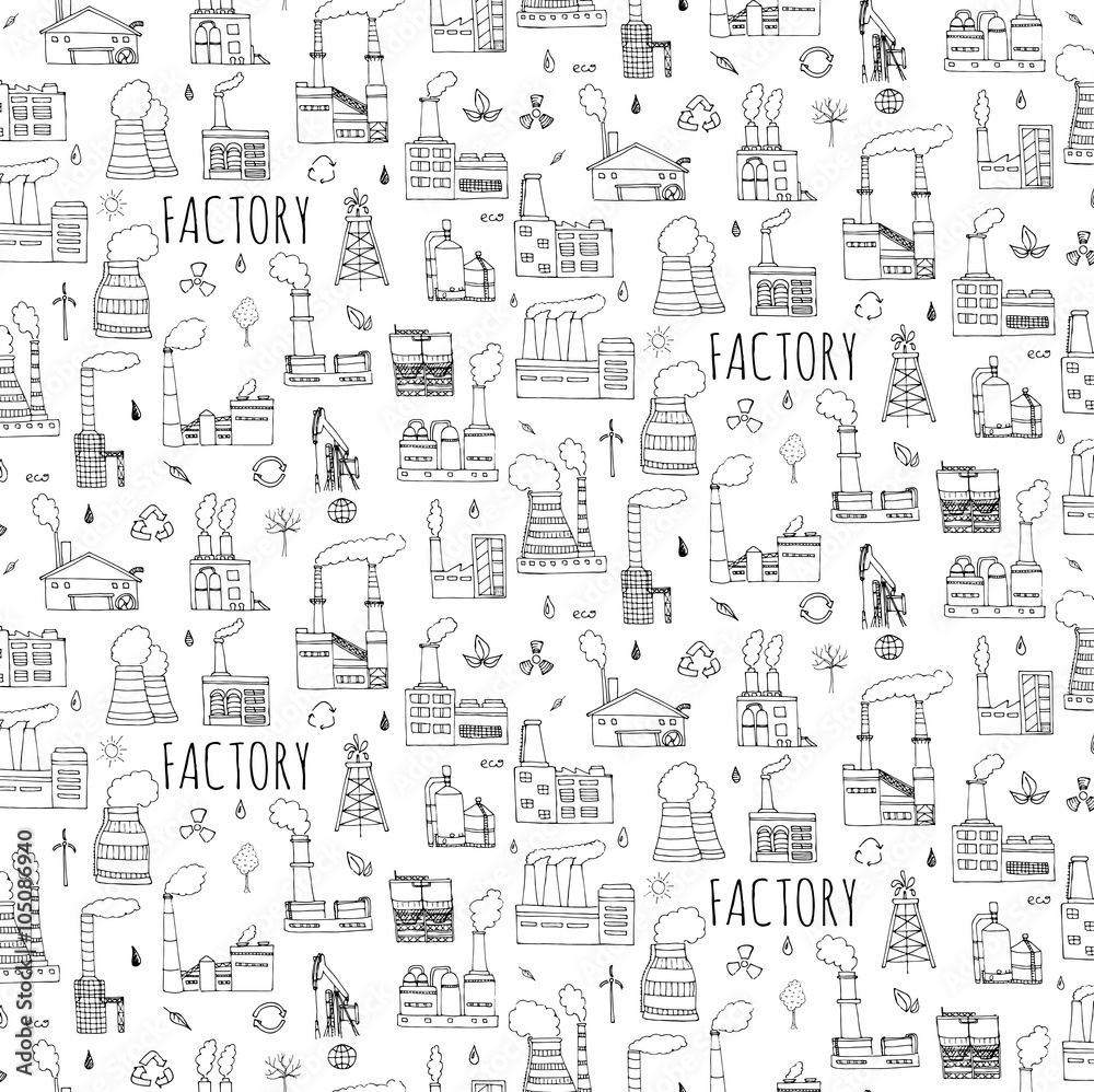 Seamless background hand drawn doodle Factory set Vector illustration Sketchy cartoon Industrial factory icons Factory building Manufacture Eco concept Pipe with smoke Pollution Recycling Tree Plant