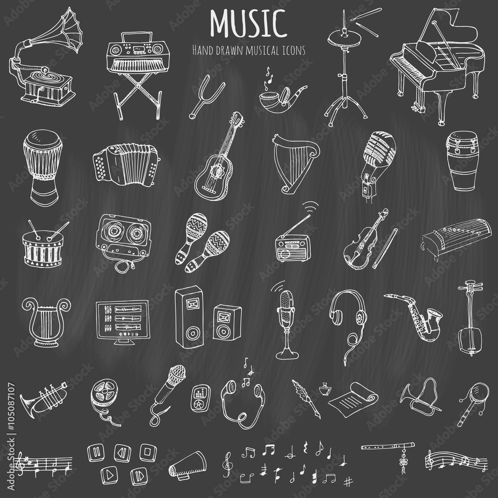 Hand drawn doodle Music set Vector illustration musical instrument and symbols icons collections Cartoon sound concept elements Music notes Piano Guitar Violin Trumpet Drum Gramophone Saxophone Harp Hand drawn doodle Music set Vector illustration musical instrument and symbols icons collections Cartoon sound concept elements Music notes Piano Guitar Violin Trumpet Drum Gramophone Saxophone Harp