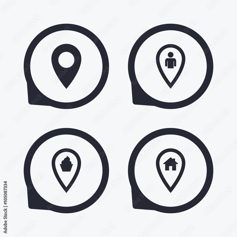 Map pointer icons. Home, food and user location. Map pointer icons. Home, food and user location.