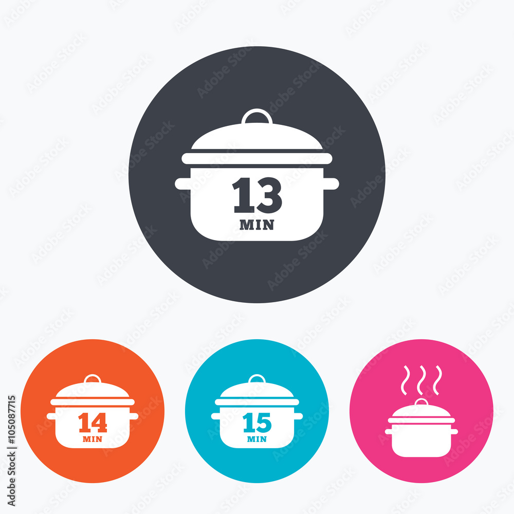 Cooking pan icons. Boil fifteen minutes. Cooking pan icons. Boil fifteen minutes.