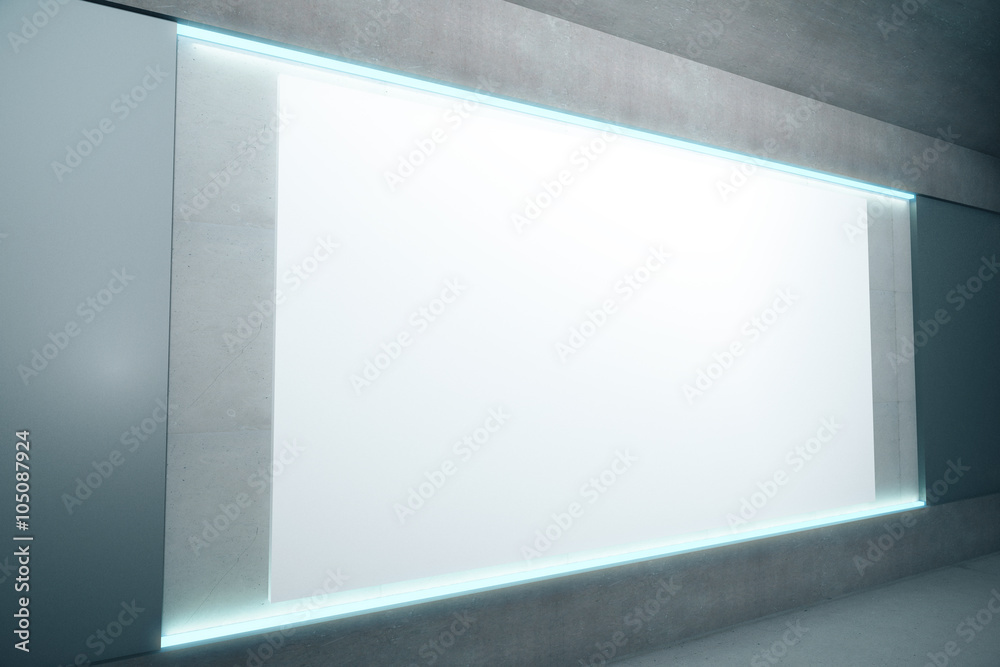 Blank glowing poster on concrete wall, mock up, 3D Render