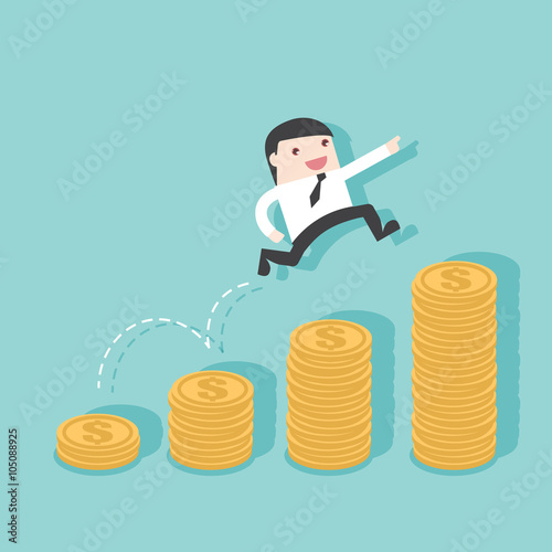 Businessman jump on money growth up. Flat design for business financial marketing banking advertising commercial event web minimal concept cartoon illustration.