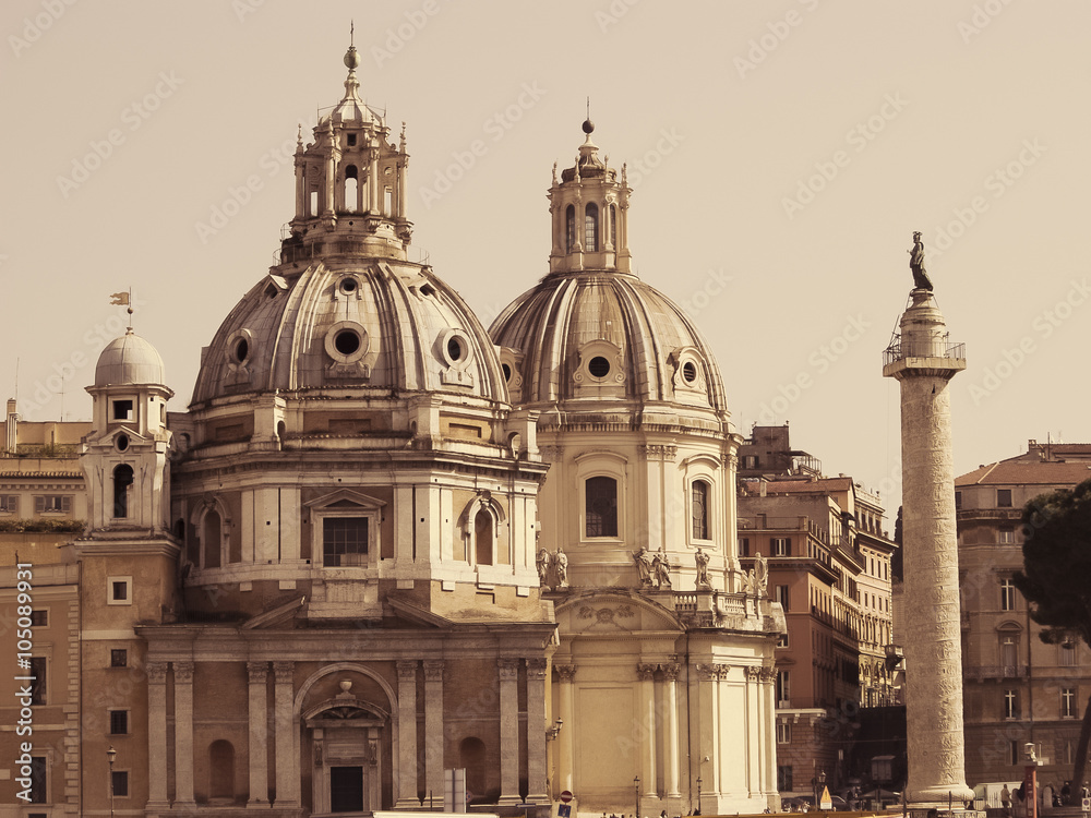View of the two domes of the Church of Santa Maria di Loreto and Colonne Trajane. Rome, Italy. Retro toned