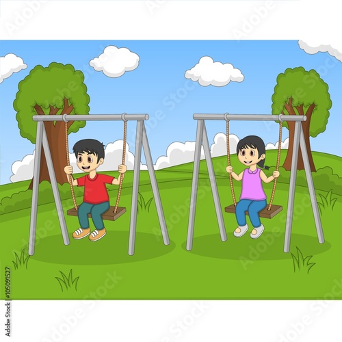 Children play swing in the park cartoon