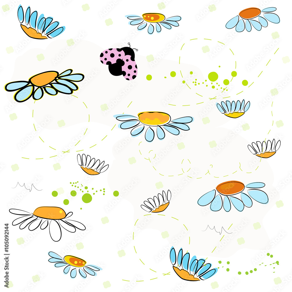 Daisy field and lady bird spring pattern vector background Daisy field and lady bird spring pattern vector background