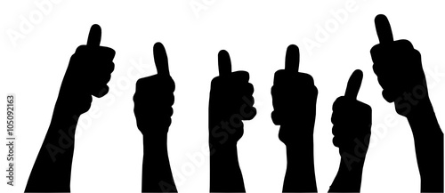 Six hands with thumbs up on a white background