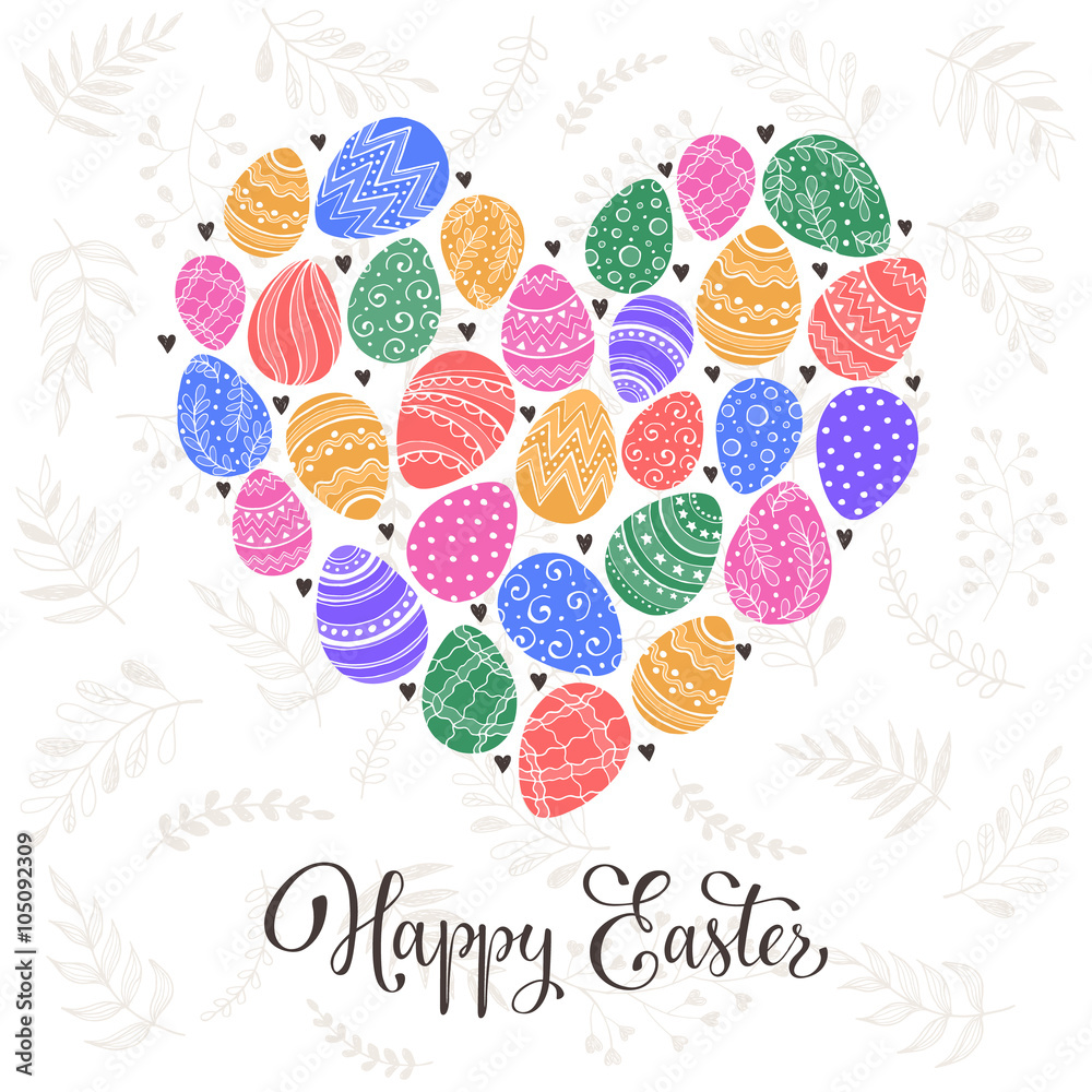 Composition with easter eggs hand drawn black on white background. Easter greeting card. Easter eggs with colorful leaves and leaves in heart shape. Composition with easter eggs hand drawn black on white background. Easter greeting card. Easter eggs with colorful leaves and leaves in heart shape.
