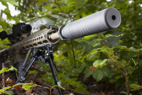 Canvas Print Suppressed assault rifle hiding in this brush