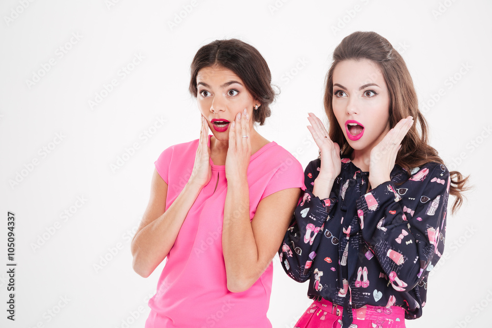 Two beautiful shocked young women standing with opened mouths Two beautiful shocked young women standing with opened mouths