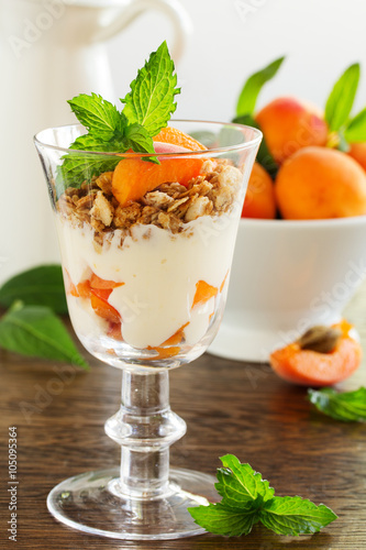 Yogurt with granola and apricots, selective focus