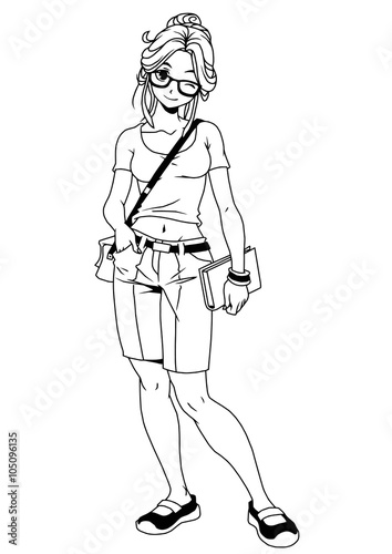 College girl in glasses,illustration,ink,black and white,logo,outline,isolated on a white