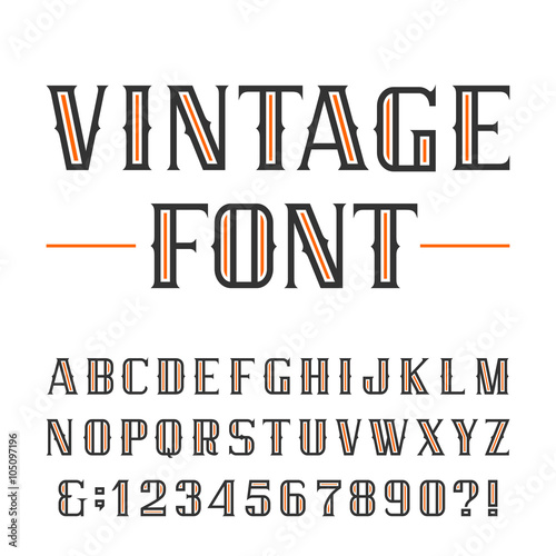 Vintage alphabet vector font. Type letters and numbers on a white background. Vector typeface for labels, headlines, posters etc.
